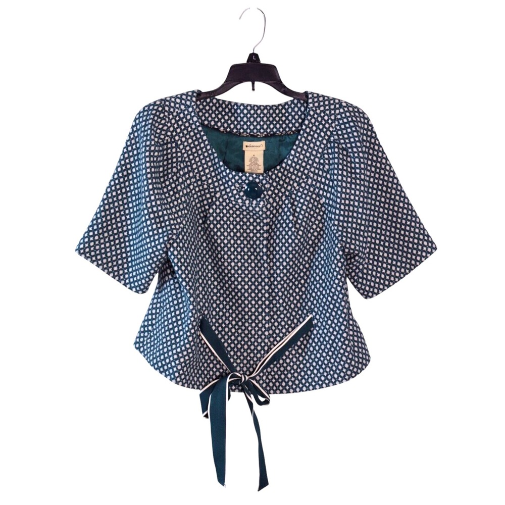 Anthropologie Elevenses Women's Spring Wool Jacket Sz 6 Teal Tweed Tie‎ Front